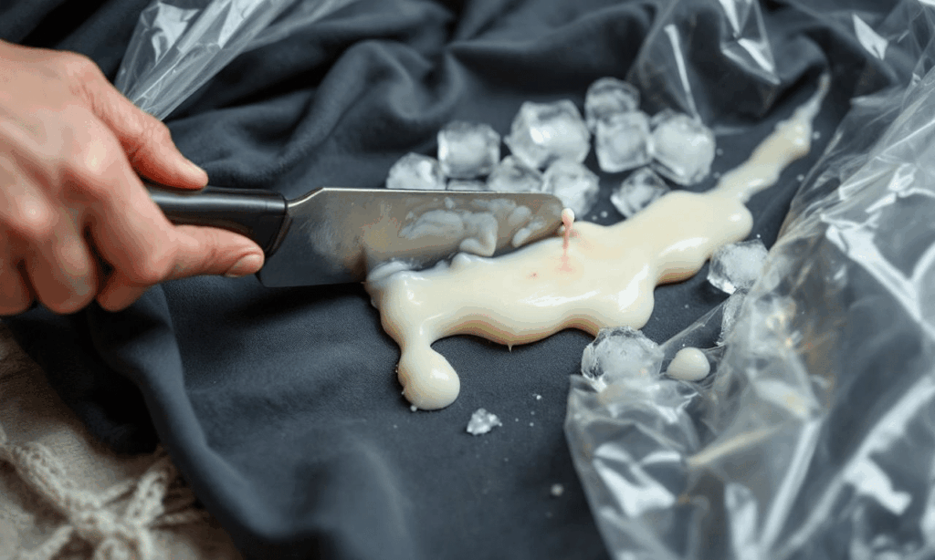 Kaarsvet verwijderen uit stof? Verhard met ijs en schraap voorzichtig weg